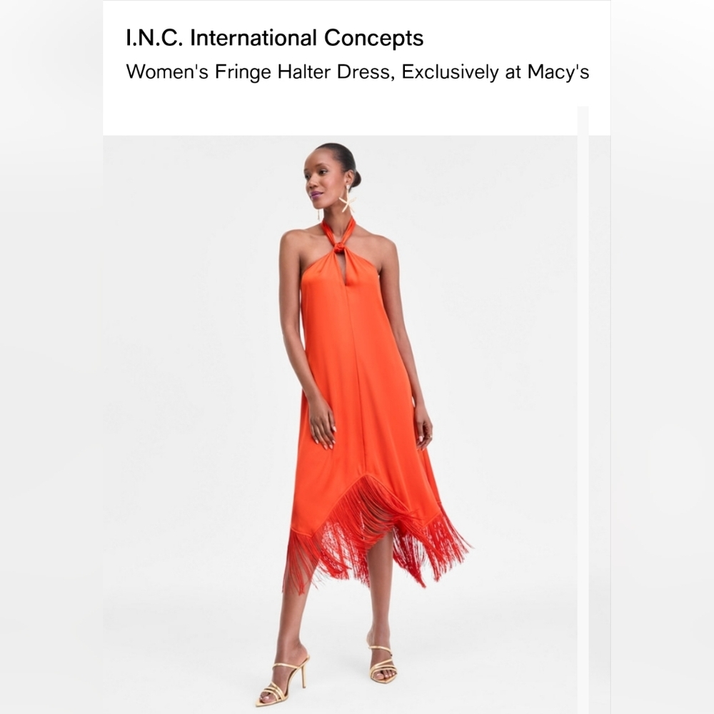 INC International Concepts Orange One-Shoulder Fringe Midi Dress